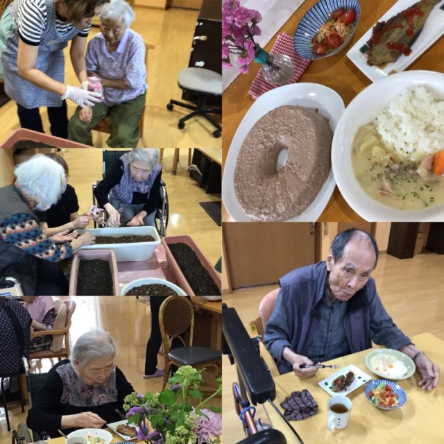 本日の柊の間はユニット調理を行いました。
クリームシチューや茄子のピカタなど作りみんなで食べました。
個人的に茄子のピカタがとてもお気に入りです。
また、デザートのチョコのムースは、
「これうまいなぁ」と何度も言いながら食べられた方もいらっしゃいました。

午後からプランターに花の種を植えています。
ひまわり、コスモス、マリーゴールドなどみんなで植えました。
きれいな花が咲くことを